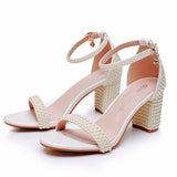 Cm Thick Heel And Light Mouth With Sandals Round Head Square Sandals White Pearl Wedding Shoes Size 44 Yards 45