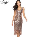 luxury Bling Sequins summer dress wome Night club Party dresses gold tassel bodycon vintage long dress elegant vestidos