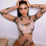 Zingj Summer New Women's Round Collar Long-Sleeved T-Shirt Perspective Mesh Sexy Slim Jumpsuit-Outfit