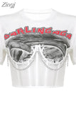 Streetwear Punk Style Patchwork Print Black T-shirt Women Cropped Corset Top Transparent Summer T-shirts Gothic