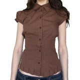 Sweet Niche Wind Collar Bubble Sleeve Shirt Design Pressure Folding Waist Thin Commuter Cardigan T-Shirt