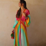 2023 Tie Dye Long Dress Women Ruched Chiffon Midi Dress Woman Long Sleeve Summer Dresses Asymmetric Holiday Party