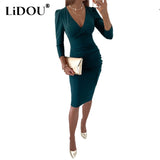 Summer Sexy Deep V-neck Shirring Waist Pure Long Sleeve Bodycon Dresses Ladies Elegant Evening Party Dress Vestido