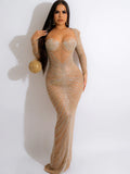 Sexy Mesh Rhinestone Crystal Patchwork Maxi Dress New Women Long Sleeve Sheer Bodycon Night Clubwear Long