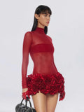 New Sexy Mesh Perspective High-Necked Long-Sleeved Dress Dress Body High-End Temperament Floral Dress Dress Dress