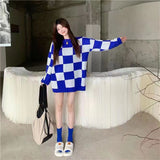 Winter Sweater Women Korean Fashion Plaid O-Neck Pullovers Streetwear Oversized Sweate Jumper Warm Long Sleeve