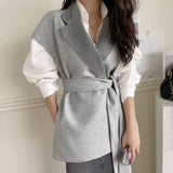 New Autumn Winter Women's Jackets Sleeveless Waistcoat Lace Up Streetwear Woolen Oversized Vests Tops