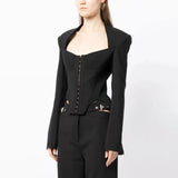 Zingj Spring New Fashion Temperament Fish Bone Chest Splicing Design Sense Waist Show Thin Suit Jacket Female