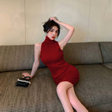 Zingj Version Of Summer Dress New Style Slim High-Necked Knitted Dress Sexy Slim Sleeveless Hip