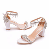 Cm Thick Heel Shallow Mouth With Beaded Sandals Square Sandals White Water Drill So Bridal Wedding Shoes