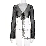 E-girl Aesthetics Bandage Black Mesh Crop Tops Pastel Goth Y2K Deep V-Neck Flare Sleeve Patchwork T-shirts Sexy