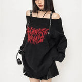 Gothic Sexy Off Shoulder Knitted Jumpers Grunge Jacquard Sweater Fashion Knitwear Y2k Aesthetic Slash Neck
