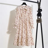Women Casual Summer Dress Lady Korean Style Vintage Floral Printed Chiffon Shirt Dress Long Sleeve Bow Midi Summer Dress