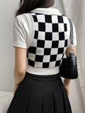 SUCHCUTE Argyle Printed Women Sweater Vest Preppy Style Girls Sleeveless Knitting Crop Tops Slim V Neck Lady Top Streetwear