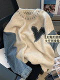 Zingj Women Sweater Patchwork Denim Long Sleeve O-Neck Loose Heart Chic Pullovers Simple Knitted Autumn Winter 2023 New Knit Jumpers 211-0-Outfit