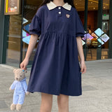 Women Harajuku Summer Short Sleeve Kawaii Sweet Girls Midi Dresses Holiday Chic A-line Popular Loose Lapel Soft