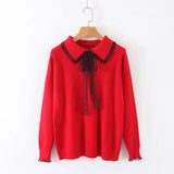 Lace-up Doll Collar Long-sleeved Sweater Female Long-sleeved Fashion Flower Edge Stitching Knitted Sweater Pullover