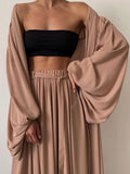 Solid Color Three-Piece Set 2022 Autumn Women Tube Top Beach Dress Crop Top Trousers Long Sleeve Cardigan 3 Piece Set