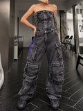 Zingj New Fashion Street Style With Chest And Waist Show Figure Hot Girl Many Pocket Jeans Cargo Pants
