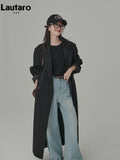 Spring Autumn Extra Long Loose Casual Flowy Black Trench Coat for Women Double Breasted Korean Style Maxi Overcoat