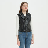 Women's New Solid Color Slim Short Locomotive Vest Lapel Belt Zip Commuter Pu Leather