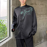 Zingj New Chinese Style Retro Oil Painting Bamboo Printing Sweet Silk Satin Long-Sleeved Versatile Shirt For Men And