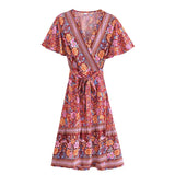 Queens Women Floral Print V-neck Rayon Cotton Vacation Bohemian Mini Dress Ladies Short Sleeve Boho Dresses