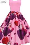 Summer Vintage Dress Women Spaghetti Strap Floral Print High Waist Elegant Sleeveless A-Line Party Midi Dress Robe