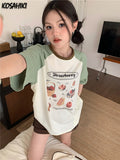Summer Japanese Contrast Color Loose T-shirts Casual O Neck Cropped Tops Women Short Sleeve Y2k Aesthetic Kawaii Print