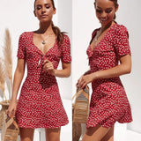 Women Mini Dress Fashion Elegant Short Sleeve Wrap Summer Boho Floral Holiday Party Sundress Female