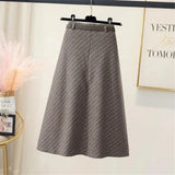 Stripe Autumn Winter High Waist Woolen Skirt With Belt Women High Waist Lady Fashion Casual Streetwear A-Line Midi