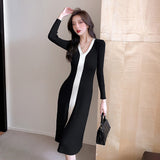 Zingj And Winter V-Neck Collision Color Sweater Skirt Over Knee Waist Slim To Show Thin French Slit Knitted Skirt Women's Medium And Long