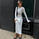 Women's Clothing 2025 Spring Knit Round Neck Pit Striped Syringe Horn Sleeve Tie Solid Color Casual Dress