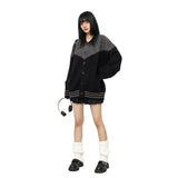 And Winter Wearing Black Ash Splicing Colliding College Style Cardigan Sweater Over The Couple Niche Oversize Knitwear