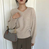 Zingj Autumn Winter New Style Lazy Wind Restoring Ancient Ways Temperament V Collar Design Sense Sweater Simple And Versatile Pure Color Sweater Female-Outfit