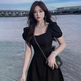 Women's Sweet Dress Square Neck Puff Short Sleeve Slim Sweet Fashion Versatile Dress Korean Version Solid