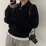 Dark Academia Half Zip Up Cable Knit SweaterOutfit