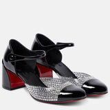 2025 New Red-Soled British Round Head Drill Lide One Word With Buckle Hollow Female Rough High Heel Mary Jane Single