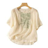 Cotton T-Shirt Women's Summer Size 2025 New Mother Loose Rib Linen Short-Sleeved