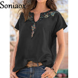 Women Urban Leisure V Neck Print Short Sleeve T-Shirt Ladies Ethnic Style Casual Loose Boho Retro Harajuku Oversized