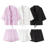Summer New Fashion Collar Long-Sleeved Shirt + High Waist Hollow Shorts Women
