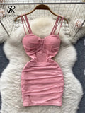 Spaghetti Strap Sexy Bodycon Short Dress Women Ruched Slim Mesh Beach Sundress Fashion Floral Backless Party