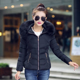 New Winter Dress Big Wool Collar Cotton-Padded Jacket Female Short Style Hooded Down Cotton-Padded Jacket Coat Fashion Slim Warm Cotton-Padded Jacket-Outfit