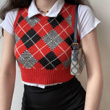 Sweater Vest Women Black Sleeveless Plaid Knitted Crop Sweaters Casual Autumn Preppy Style 2020 tops V Neck