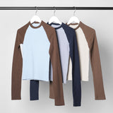 Patchwork Ribbed T-shirt Women Autumn Casual Round Neck Long Sleeve Tee Shirt Retro Streetwear Chic Cotton T Shirt