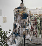 Spice Girls Inclined Shoulder Horn Long-Sleeved T-Shirt Around The Neck With Flowers Lotus Leaf-Lace Mesh Yarn Women