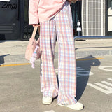 Pants Women Cute Japanese Sweet Lovely Kawaii High-waist Pink Elastic Straight Plaid Ins Loose Spring Autumn