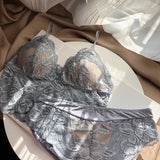 Sexy Lace Push Up Bra Set Women's Wire Free Underwear Ultra thin Triangle Cup Bras Romantic Black Embroidery