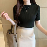 Basic Short Sleeve T-shirts Women 2022 Summer Solid O-neck Thin Knitting T Shirts Woman Korean Slim Fit Ribbed
