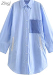 Blue Shirt Dress Woman Patchwork Striped Short Dresses For Women Asymmetric Loose Long Sleeve Dresses Women's Summer